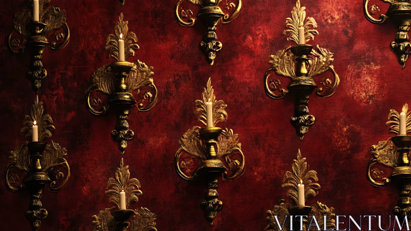 Ornate gilded sconces aligned on deep crimson wall.