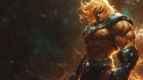 Mythic warrior in ember storm with glowing arcane armor.