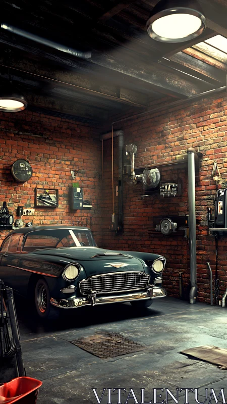 Classic teal coupe in moody brick-walled industrial garage.