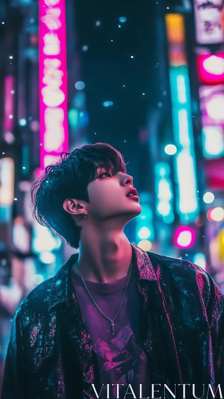 Young person in neon city street at night, upward gaze.