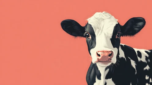 Curious cow leans into view across a peach-colored silence