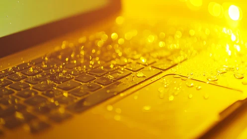 Laptop computer keyboard surface with visible water droplets.