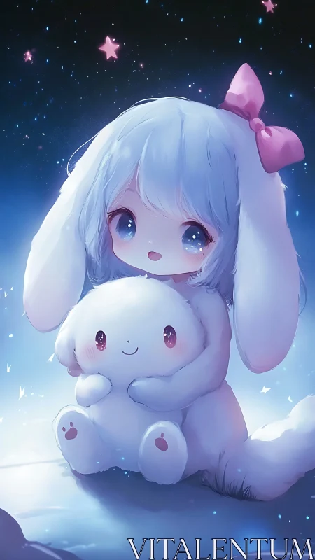 Softly lit chibi bunny girl hugs plush rabbit under starry sky