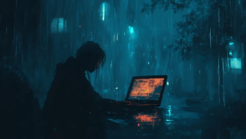 Silhouette of lone computer user in rainy neon cityscape.