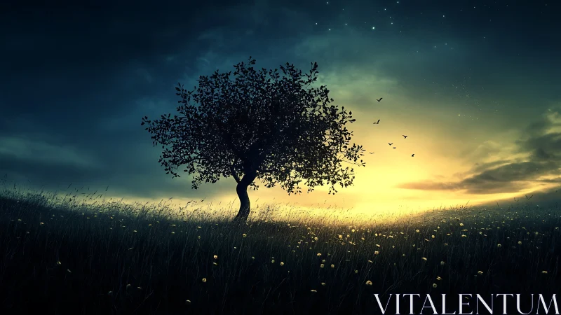 Lone tree in dreamy field at sunset with glowing sky and birds.