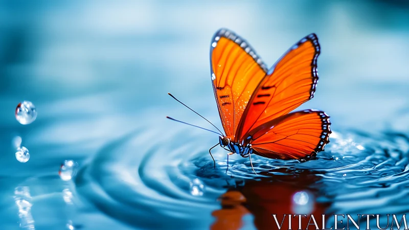 Bright orange butterfly on blue water surface with ripples.