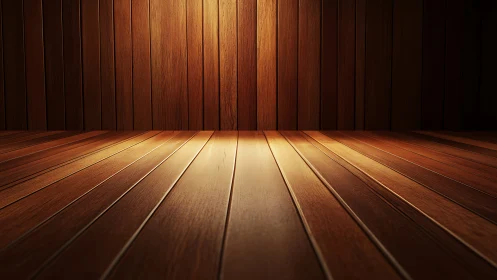 Warm wooden interior with empty plank floor and wall.