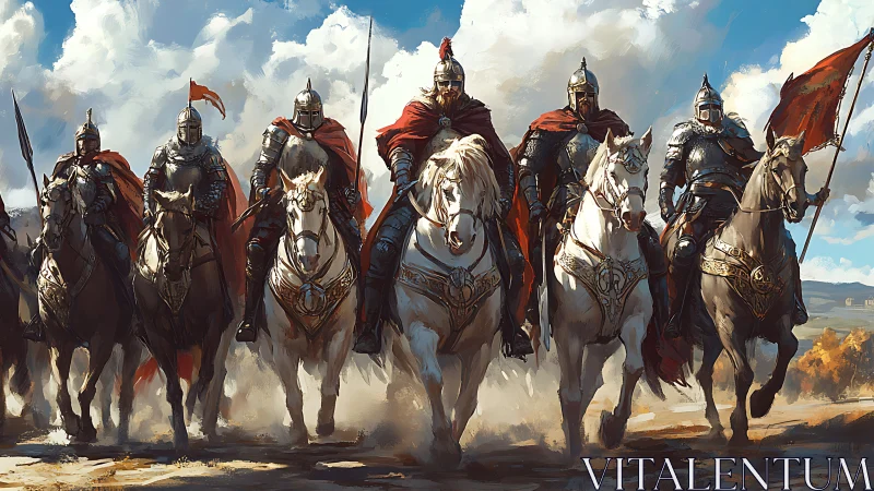 Armored cavalry charge forward under bright rolling clouds