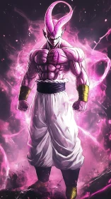 Powerful pink warrior stands in swirling cosmic energy storm