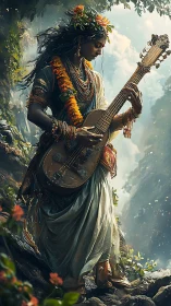 Mystic musician stands in lush canyon, strumming sacred strings