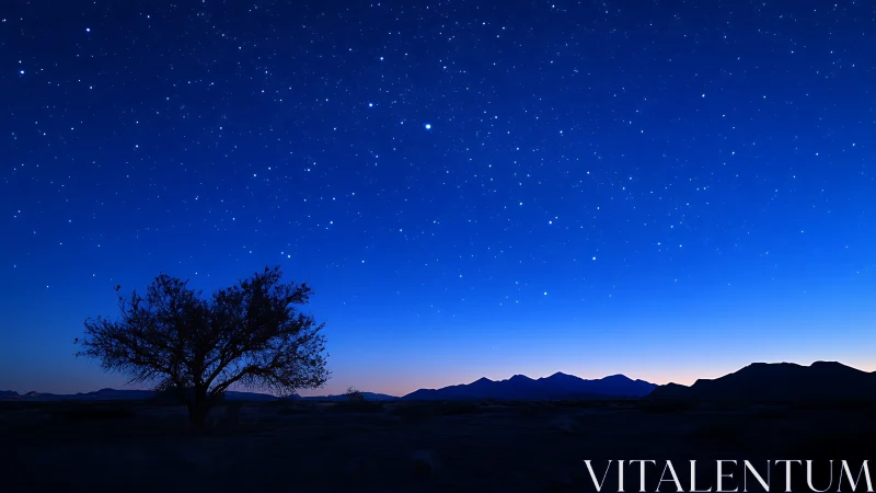 Lone desert tree listening to a sapphire star choir at dawn.