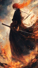 Swordsman with flowing red hair amid rising flames stands.