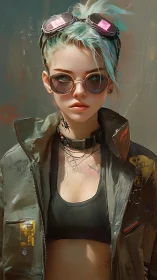 Cyberpunk girl in goggles, crop top, and tactical jacket.