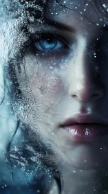Frozen blue-eyed portrait with crystalline ice textures.