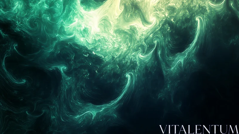 Cosmic teal currents swirl upward through glowing digital fog