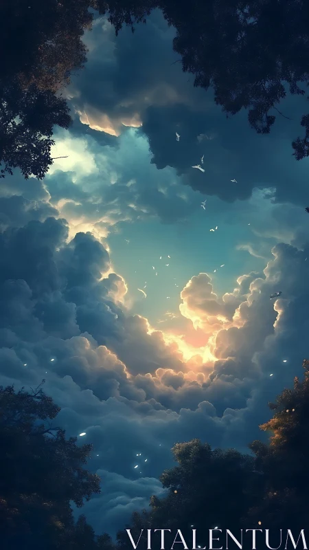 Celestial sky portal framed by dark forest silhouettes.