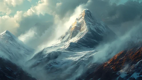 Snow covered mountain peak rising through dense clouds.