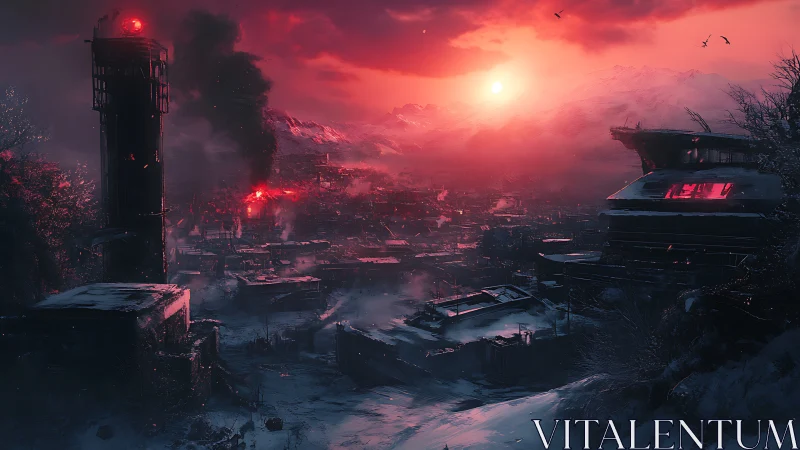 Snowy industrial wasteland glows under harsh red sunset