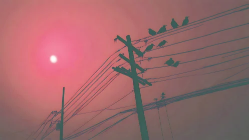 Silhouetted birds on power lines under a diffuse crimson sun