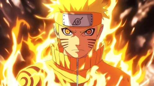 Blond ninja figure stands centered within stylized flames