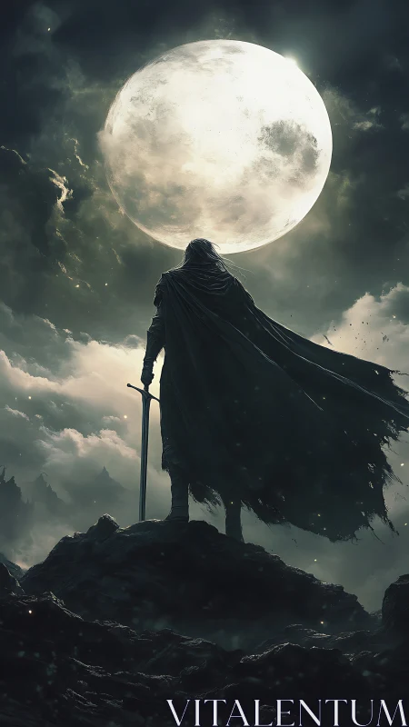 Cloaked warrior silhouette studies lunar backlight and volumetric fog