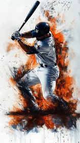 Baseball slugger swings through explosive orange brushstrokes