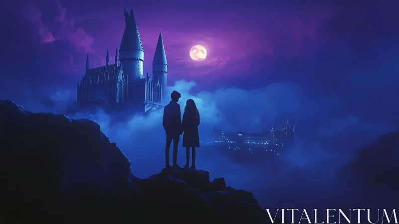 Moonlit castle vista with silhouetted couple in misty clouds.