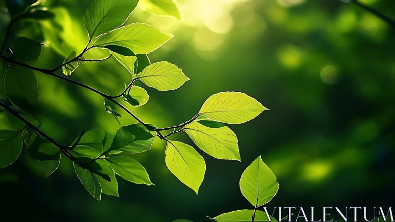 Sunlit Green Leaves on Branch in Soft Nature Photography Style.