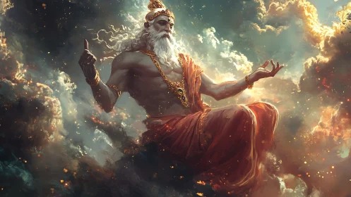 Elderly sky deity seated in clouds with golden ornaments.