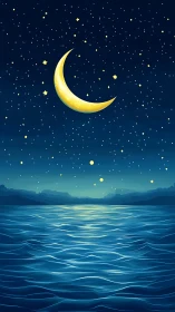 Crescent moonlit seascape under star-dense nocturnal sky