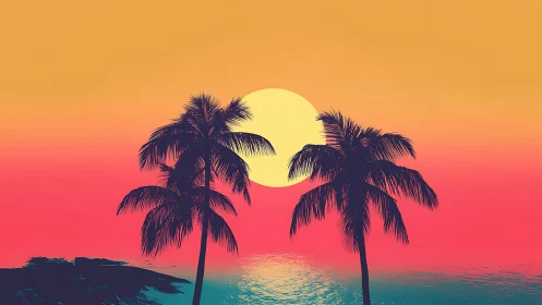 Neon tropical sunset silhouettes in bold gradient sky.