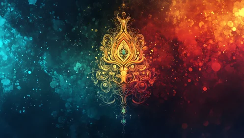 Ornate fire and water emblem glows between cool and warm bokeh