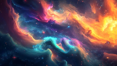 Vibrant cosmic nebula waves in vivid swirling spectrum.