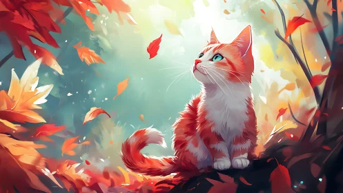 Digital Feline Study with Luminous Foliage Rendering and Atmospheric Chromatic Gradient