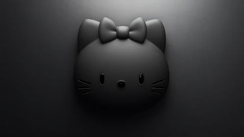Minimal black cat face emblem with bow on dark background.