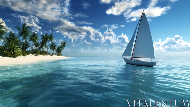 White sailboat glides past tropical palm beach at midday.