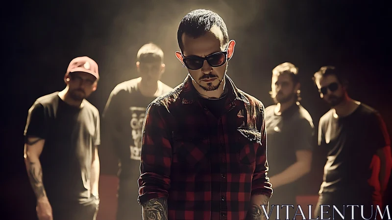 Photographic portrait of rock band with dramatic backlighting.