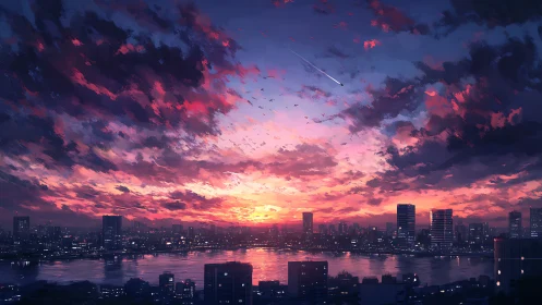 City skyline under vivid sunset clouds and river glow.