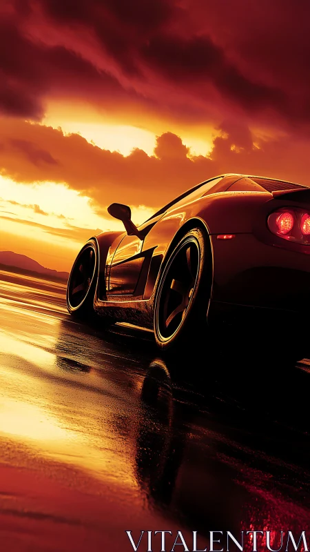 Low-angle sports car render under high-contrast sunset reflections