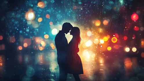 Silhouetted couple kissing amid bokeh-blurred rain and city light reflections