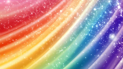 Iridescent rainbow light trails with celestial glitter field.