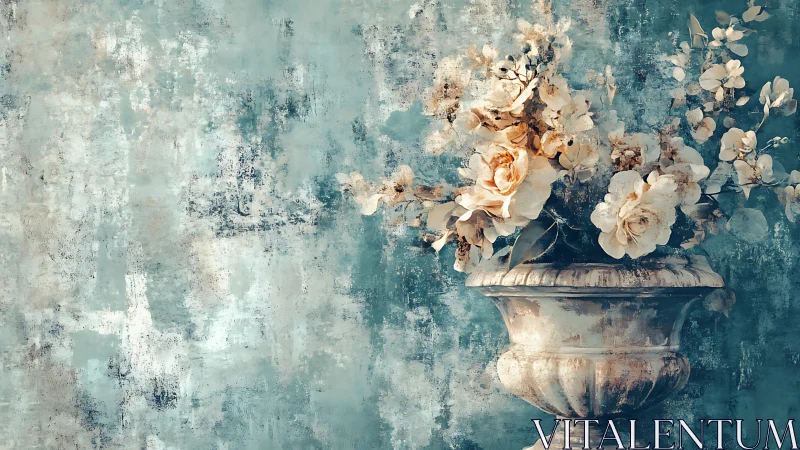 Soft vintage blooms in a weathered vase against teal dream.