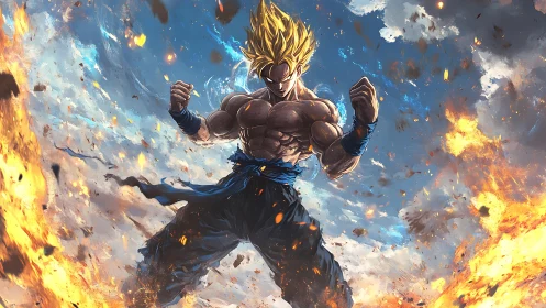 Powerful anime warrior amid clouds and erupting flames.