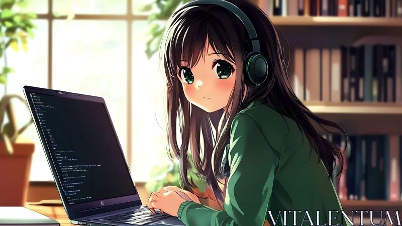 Headphoned coder girl in soft-lit library sanctuary.