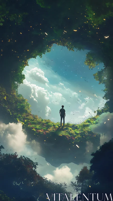 Solitary dreamer stands on floating island beneath sky portal.