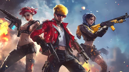 Digital painting of futuristic trio in explosive combat stance.