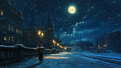 Moonlit winter city street with lone figure walking slowly.