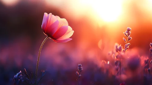Pink Cosmos Flower Glowing in Golden Sunset Light
