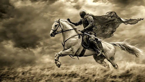 Storm-torn knight thunders forward through sepia battlewinds