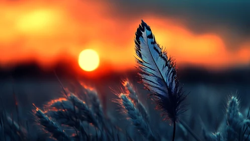 Gentle blue feather resting softly in a fiery sunset field.